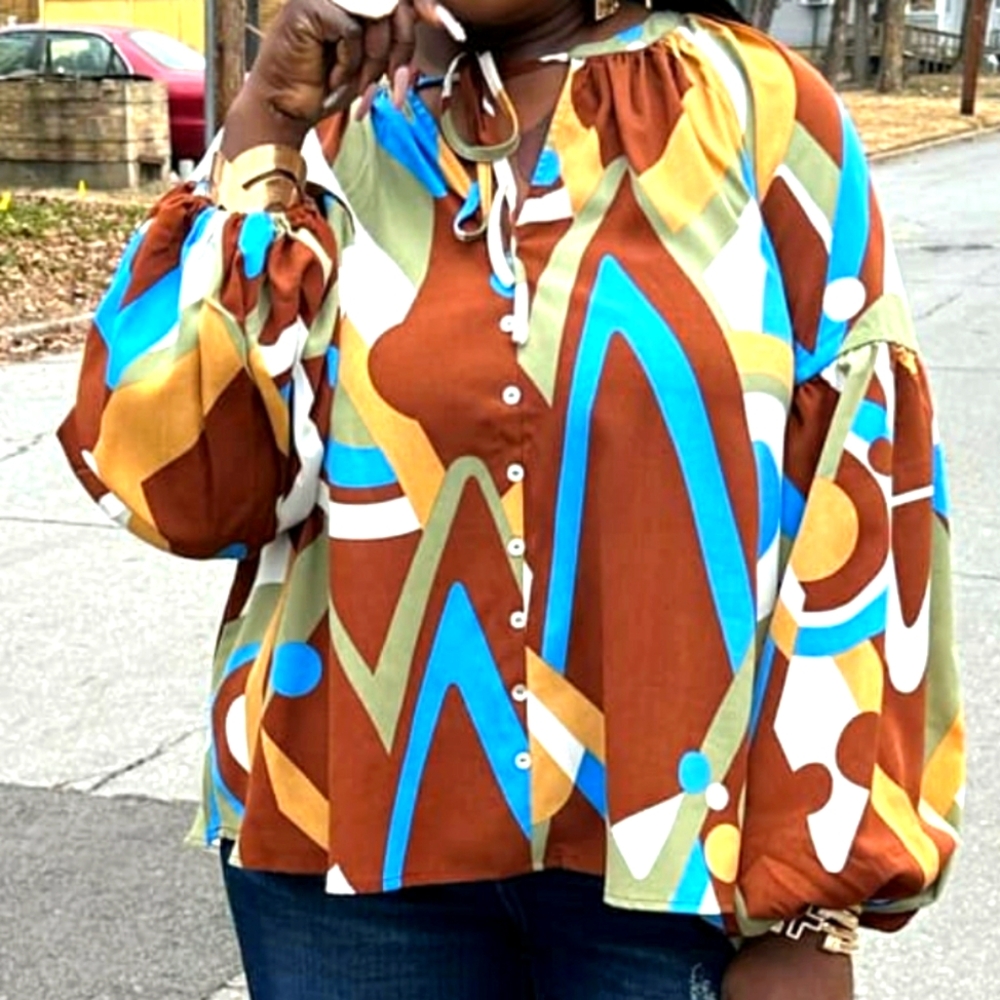 Brown and Blue Boxy Blouse with Puff Sleeves and Graphic Design